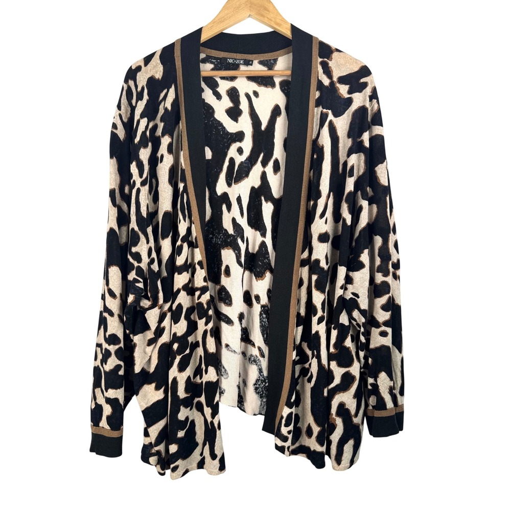 NIC+ZOE Cardigan 3X Tan Black leopard Open Front Knit waterfall relaxed